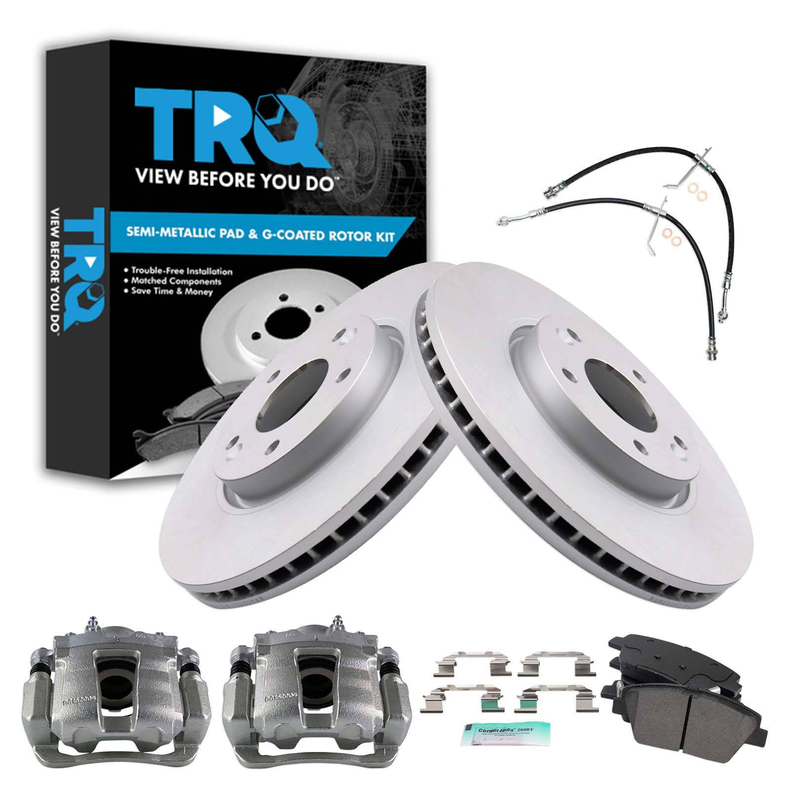 TRQ Front Brake Pad and Rotor Set Semi Metallic G Coated Rotors Calipers Compatible with 2011-2014 Hyundai Sonata Image