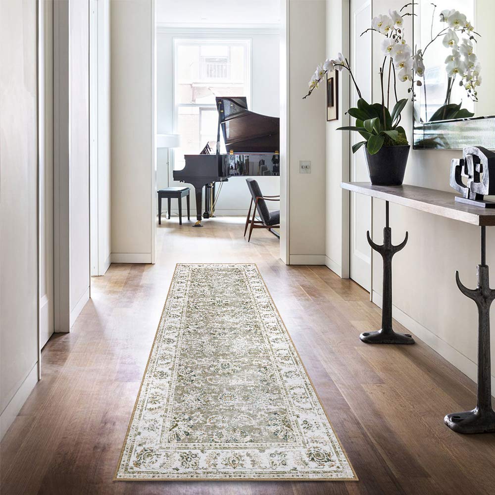 jinchan Taupe Vintage Runner Rug Elegant Floral Area Rug Floorcover Indoor Low Pile Mat for Kitchen Living Room Bedroom 2'2" x 7'