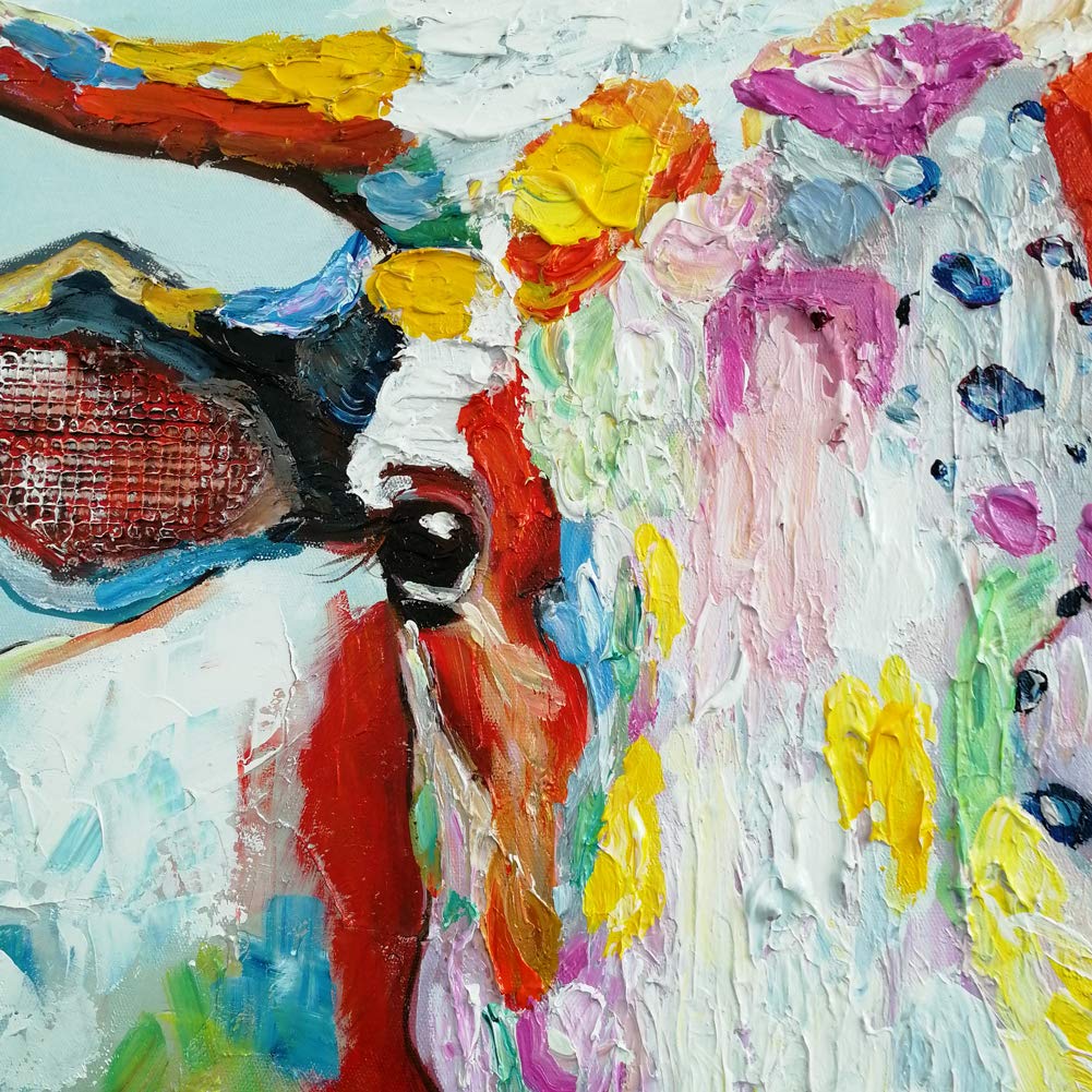 Handmade Colorful Cow Art Animals Pictures Graffiti Texture Palette Knife 3D Oil Paintings Canvas Wall Art for Bedroom Living room Wall Decor Contemporary Art Work Wooden Framed