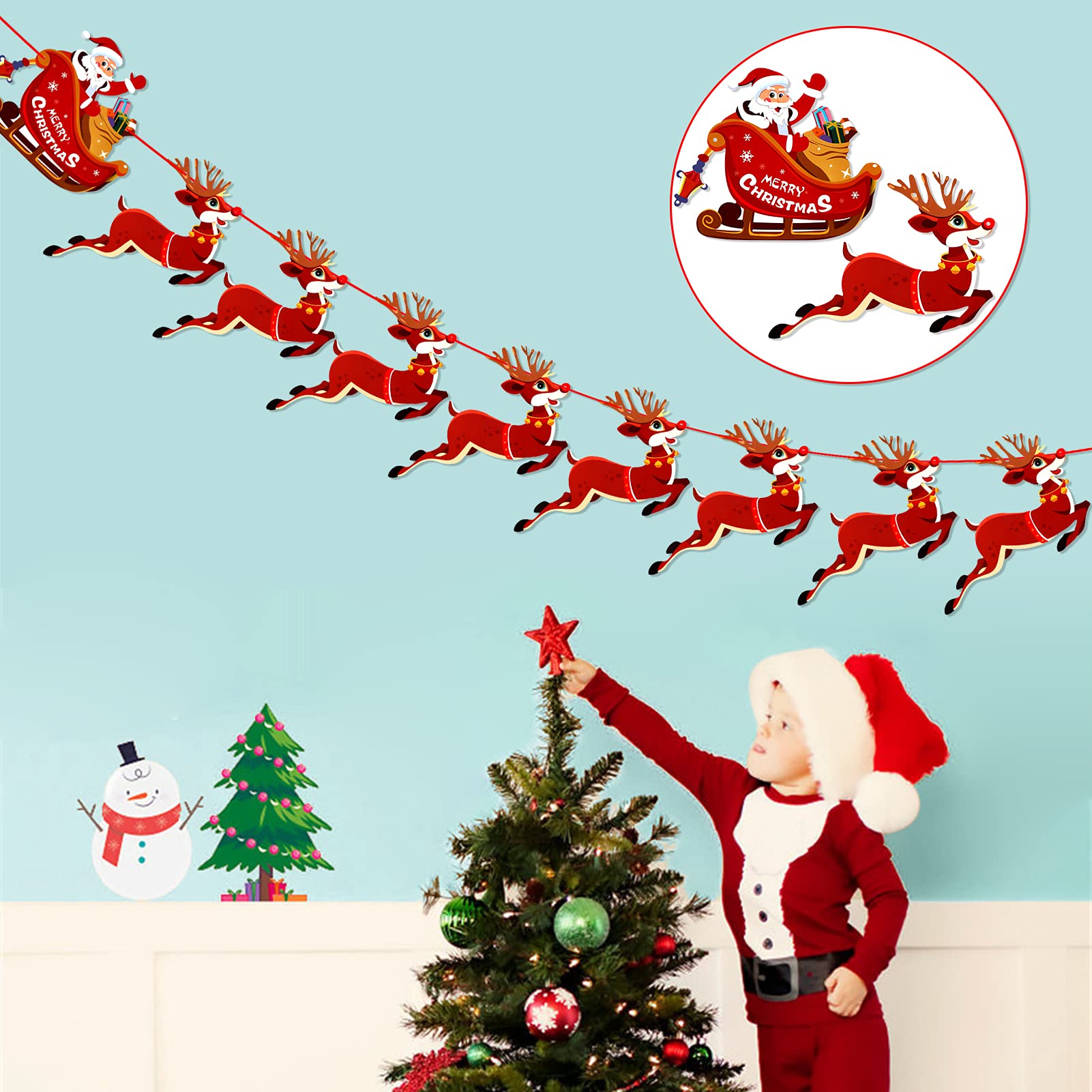 HOWAF Christmas Bunting Santa Sleigh and Reindeer Christmas Banner Indoor Christmas Decorations Hanging Christmas Wall Decorations
