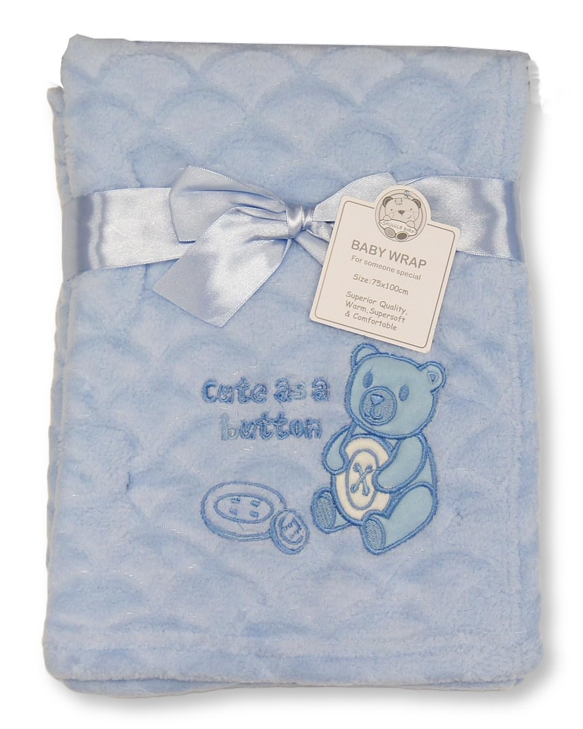Baby Wrap Blanket with 'Cute as a Button' Embroidery - 3 Colours (Sky)
