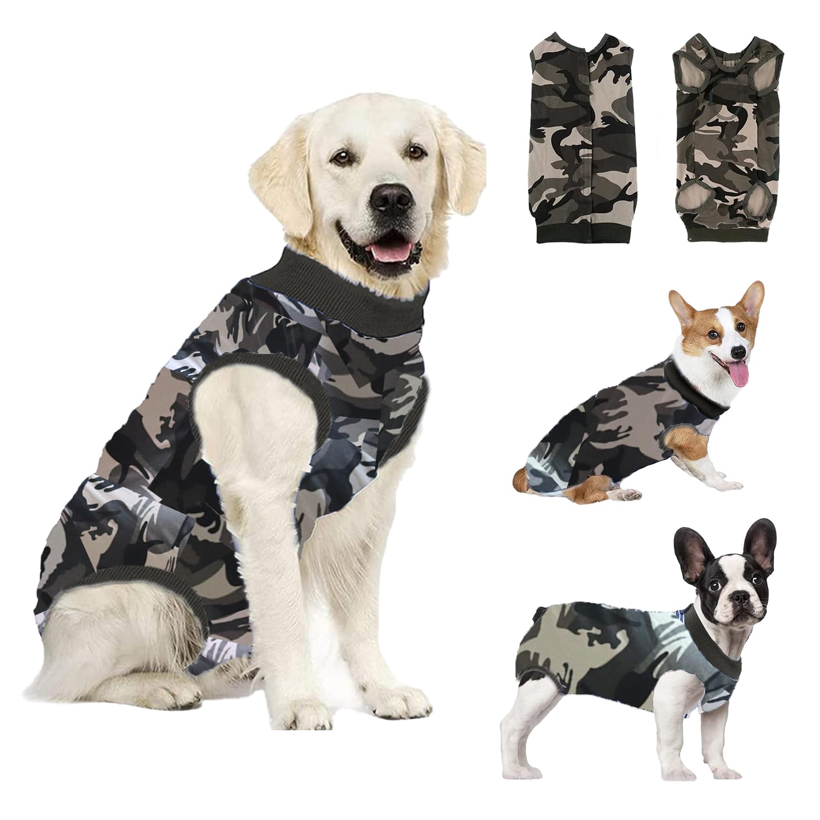 Peukialt 犬用 手術後服 犬術後ウェア 術後保護服 エリザベスカラーに代わる介護服 小型犬 中型犬 メス オス兼用 避妊 離乳 傷舐め防止 傷口保護 皮膚保護術後服 犬介護服 排泄に影響しない 背部ボタンデザイン (カモフラージュ, XL) の商品画像