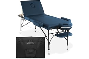 Saloniture Professional Portable Lightweight Tri-Fold Massage Table with Aluminum Legs – Includes Headrest, Face Cradle, Armrests and Carrying Case, Blue