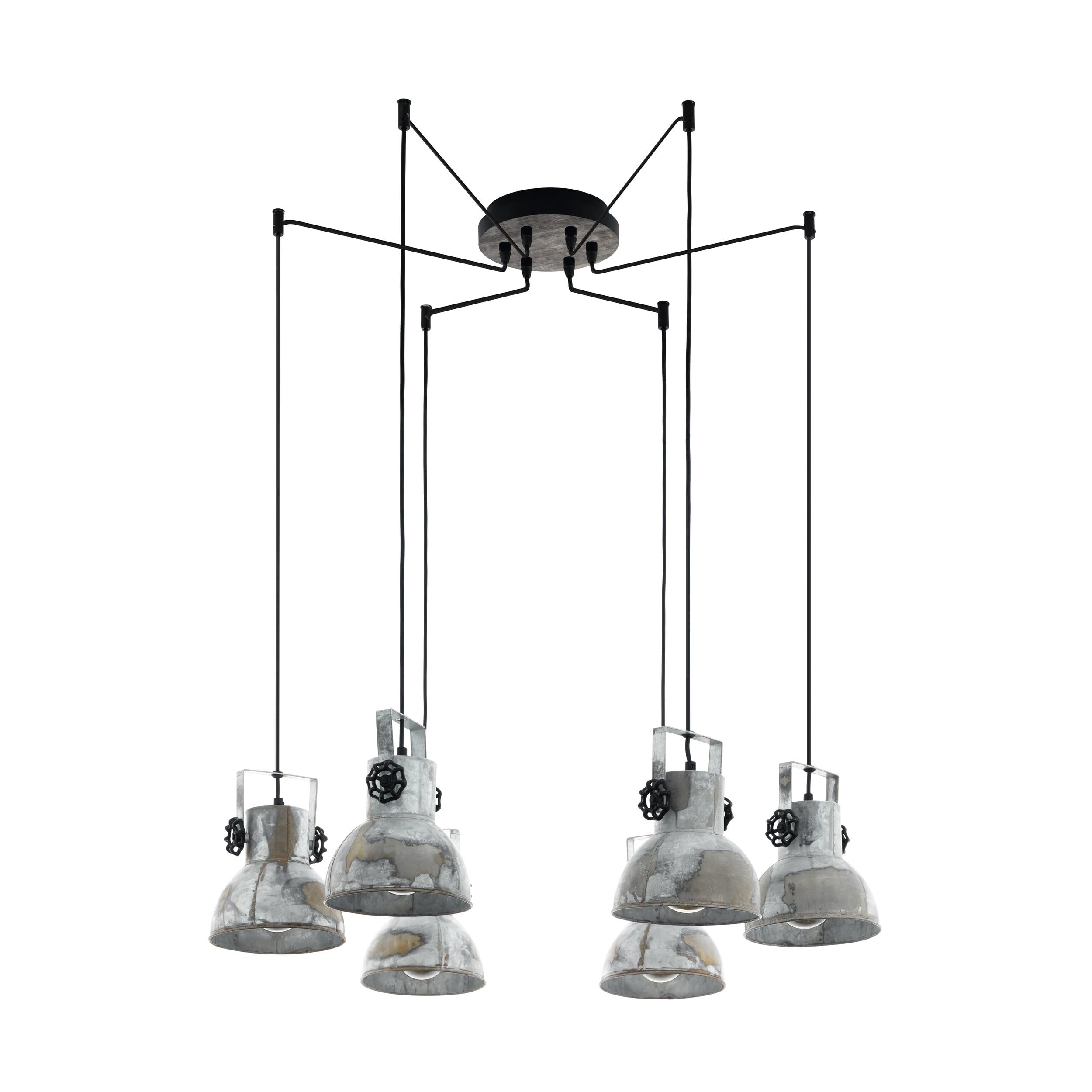 Eglo Barnstaple Pendant lamp, 6-Light Vintage Hanging Light in Industrial Style, Retro Steel Pendant with zinc Used Effect, Wood, Colour: Brown Patina, Black, Socket: E27
