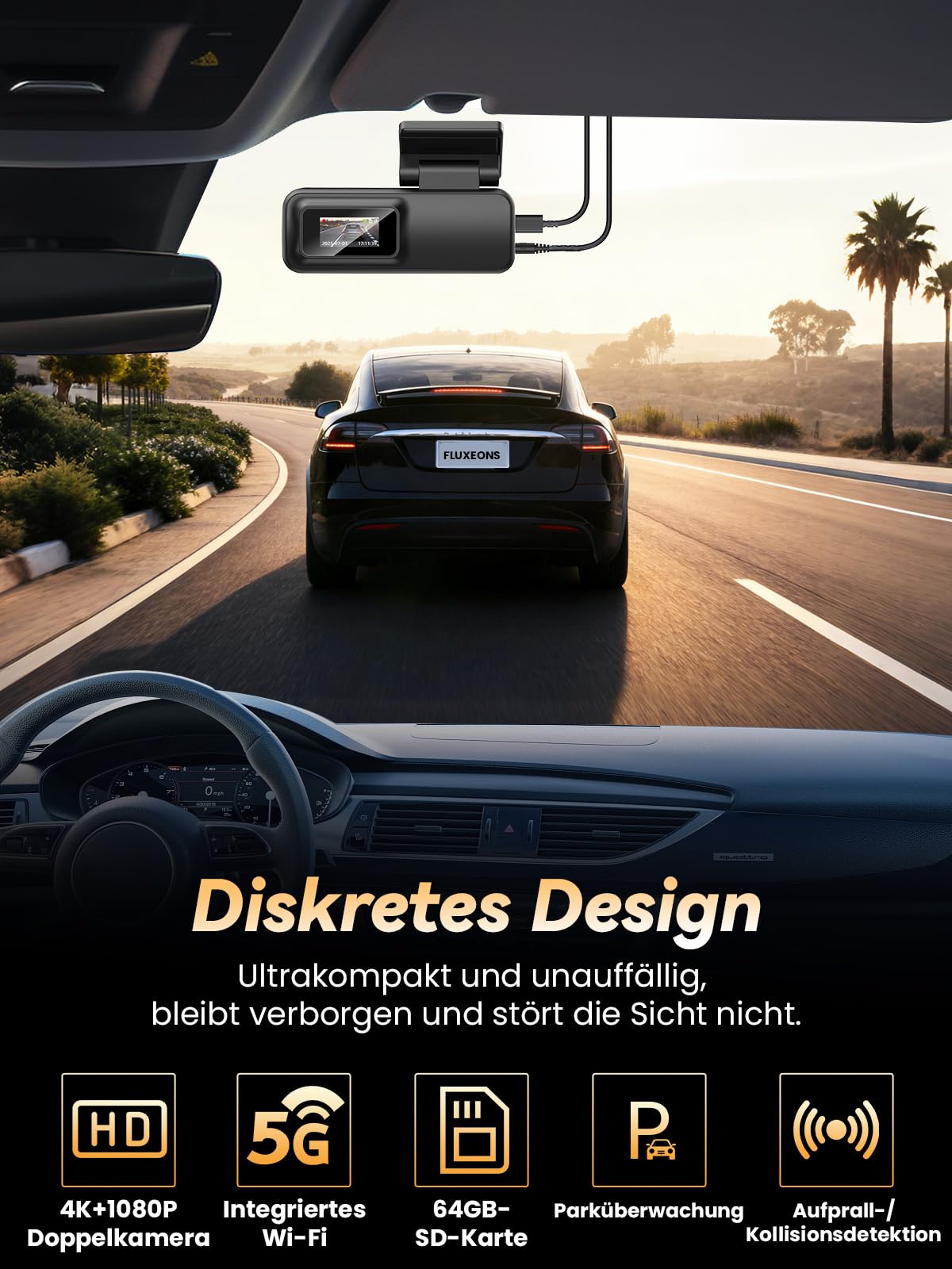 FLUXEONS 4K +1080P Dashcam Auto Vorne Hinten mit 64GB Karte, APP Steuerung mit 5GHz Wi-Fi, G-Sensor, 170° Weitwinkel, Nachtsicht, WDR, 24/7 Parküberwachung, Loop-Aufnahme (X3) 8