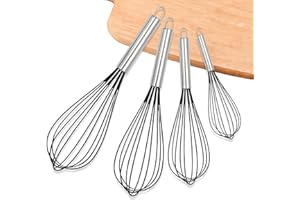 WVD 4 Pieces Silicone Whisk, Black 6, 8, 10, 12 Inch, 4 Sizes of Whisk, Stainless Steel Handle, Baking Kitchen Cake and Bread