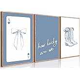 3Pcs Coastal Cowgirl Canvas Wall Art Blue Coquette Bow Boots How Lucky Are We Bundle Playing Cards Pictures Wall Decor Fashionable college style Poster Print Artwork For Girls Room Dorm Unframed