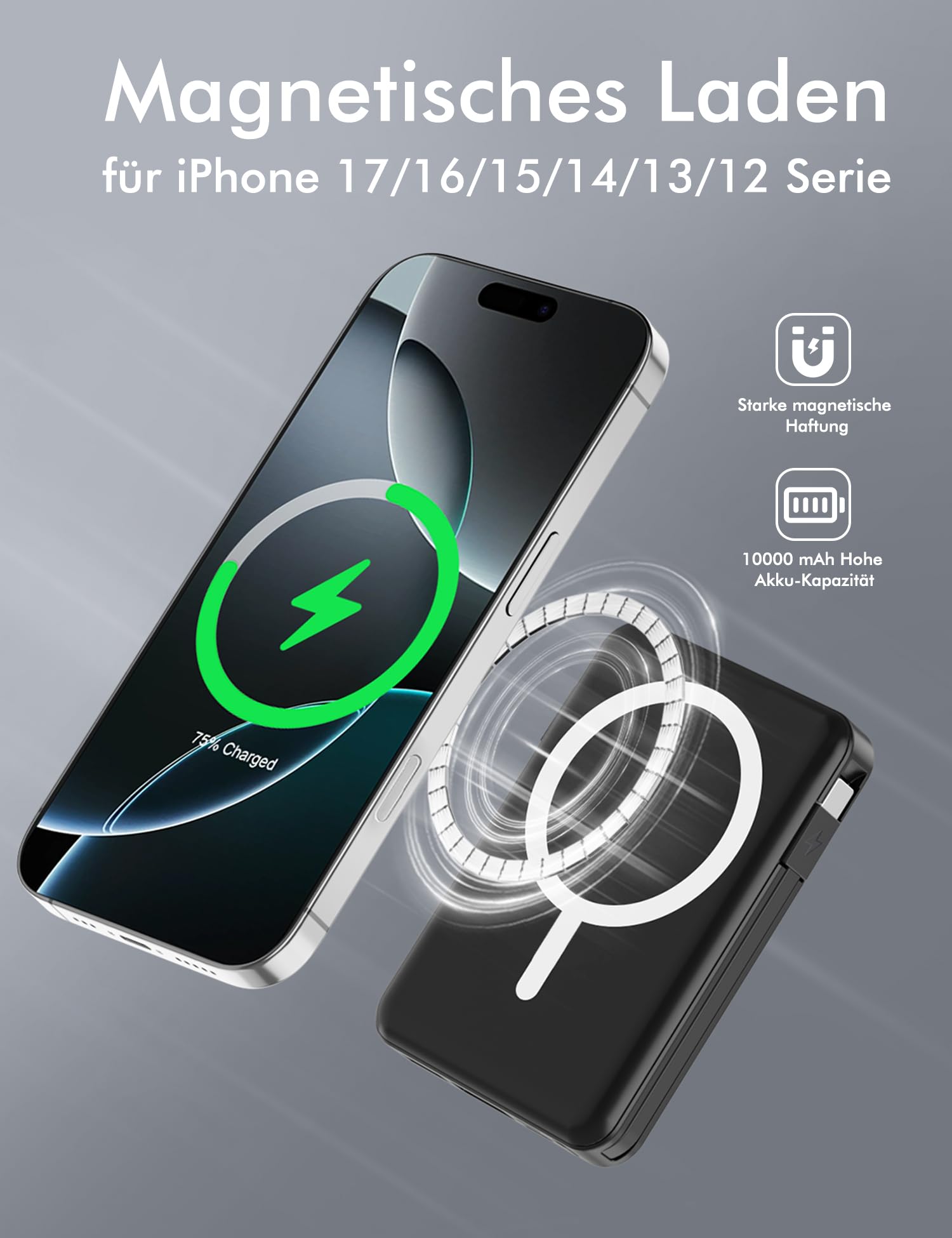 Podoru for Magsafe Powerbank, 10000mAh Magnetische Wireless Power Bank mit USB-C Kabel PD 20W Schnellladen mit LED Display, Kabellos Akkupack für iPhone 17/16/15/14/13/12 Alle Serien (Schwarz) 2
