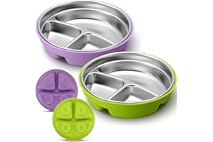 Nuogo 2 Pcs Stainless Steel Baby Suction Plates with Removable Silicone Shell 2-in-1 Metal Toddler Bowl Divided for Picky Eaters Kids Feeding Led Weaning Supplies, Dishwasher Safe (Purple,Green)