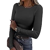 Roselux Womens Long Sleeve Stretch Crewneck Ribbed T-Shirt Fitted Casual Basic Tops
