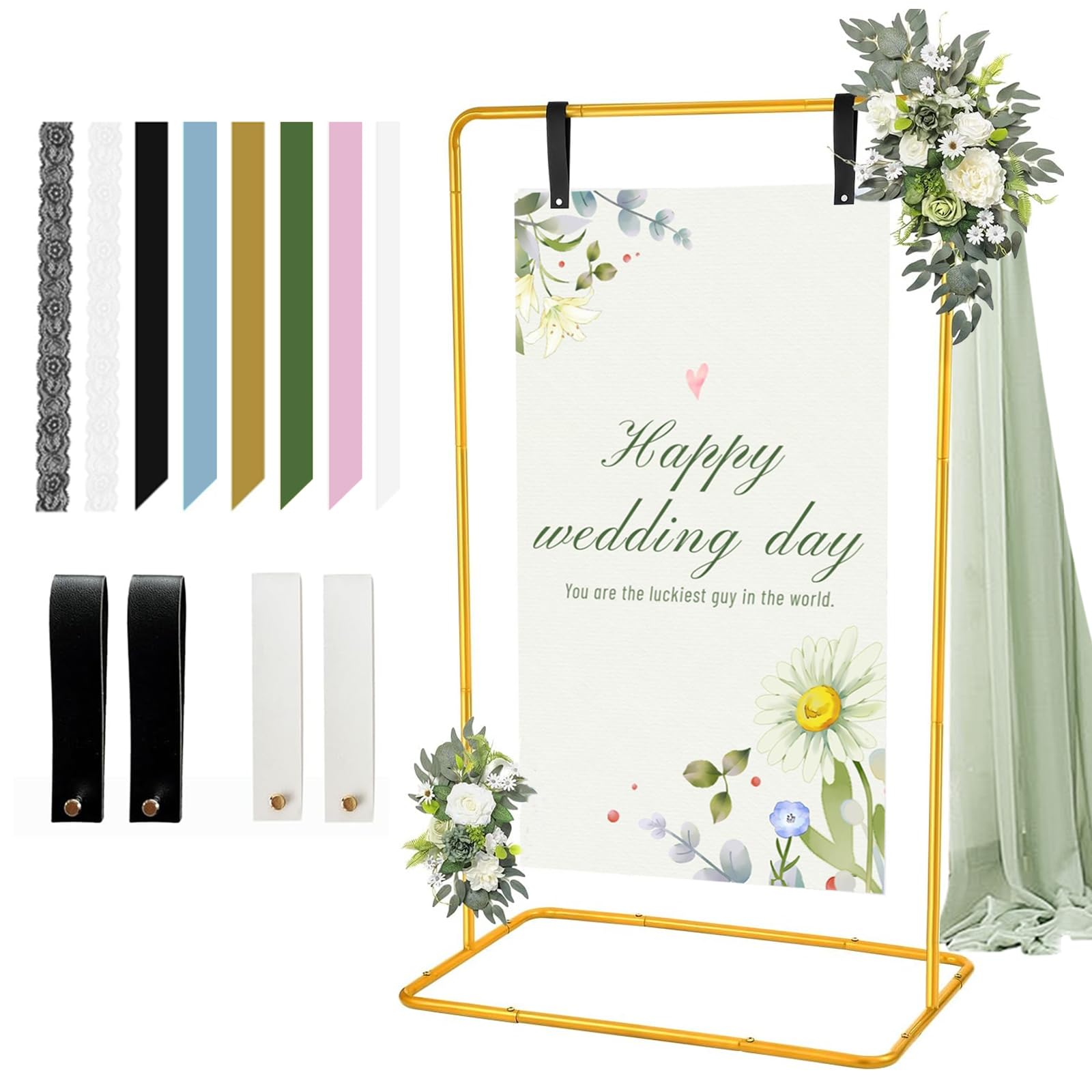 Photo 1 of ***THIS IS THE STAND ONLY, NOT THE SIGN***Welcome Sign Stand, Personalized Wedding Welcome Sign Holder Stand with Leather Sign Hanging Straps, Metal Welcome to Our Wedding Sign Holder, Gold Easel Stand for Baby Shower Graduation Bridal Shower***THIS IS TH