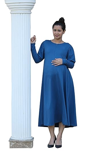 Women Lycra Material Classic Yet Victoria Maternity Dress Pregnancy and Nursing Maxi Dress in Blue