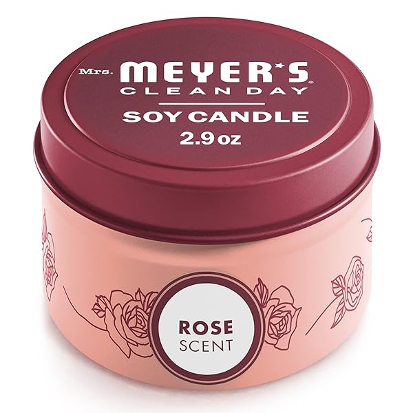 MRS. MEYER’S CLEAN DAY SOY TIN CANDLE, 12 HOUR BURN TIME, MADE WITH SOY WAX AND ESSENTIAL OILS, ROSE, 2.9 OZ