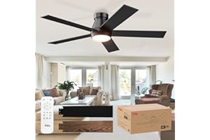 TCL 52" Ceiling Fan with Lights, Black Flush Mount Ceiling Fans with Remote Control, 6 Speeds DC Reversible, Dimmable, Noiseless, Low Profile Ceiling Fans for Bedroom