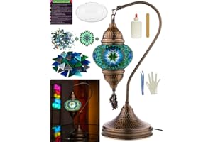 DEMMEX DIY Turkish Mosaic Table Lamp Making Kit, Glass Pieces and Tools, Antique Brass Base, No Grout Required (SWAN, Turquoi