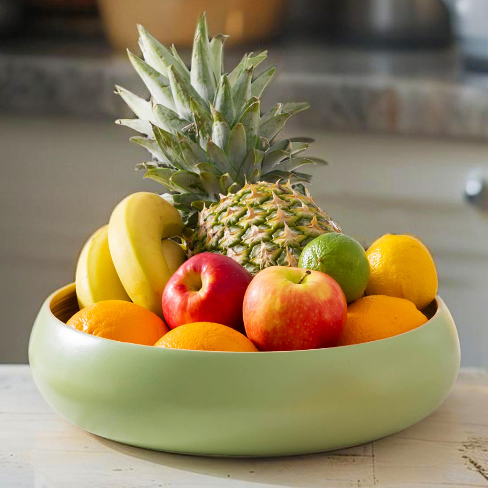 Dehaus® Large Stylish Bamboo Fruit Bowl - 30cm, Sage Green - Wooden Salad Serving Bowl - Fruit Basket for Kitchen or Bread Basket - Table Centrepiece Decoration - Home & Kitchen Tableware Accessories