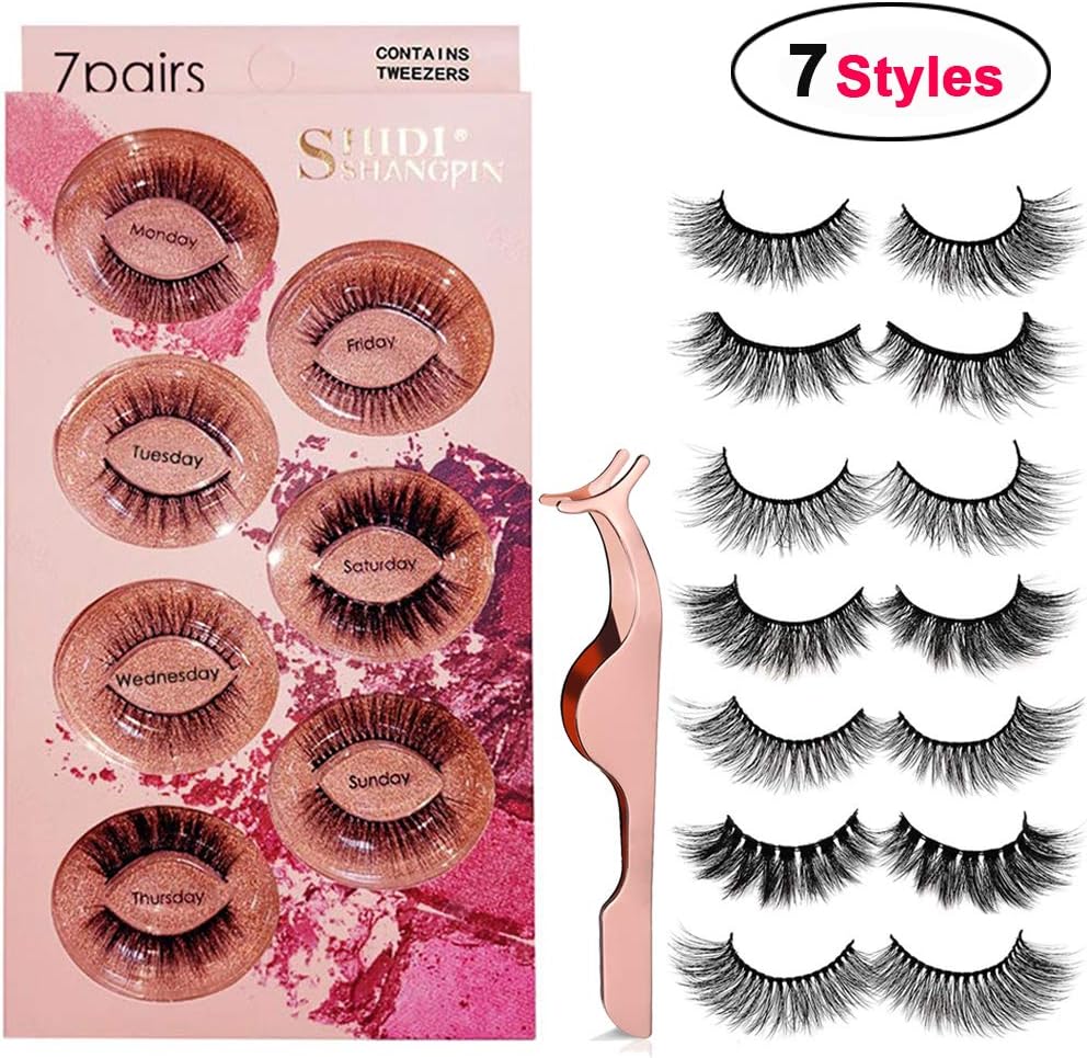 Fake Eyelashes 7 Styles, Face Eyelashes 3D Faux Mink Eyelashes Thick Long Multilayer Fluffy Hand Made Natural False Lashes With Free Eyelashes Clip (7 Styles)
