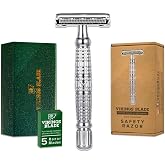 VIKINGS BLADE Double Edge Safety Razor for Men + 5 Swedish Steel Blades + Luxury Case. Long Handle. Smooth, Reusable, Eco-Friendly (The Vulcan)
