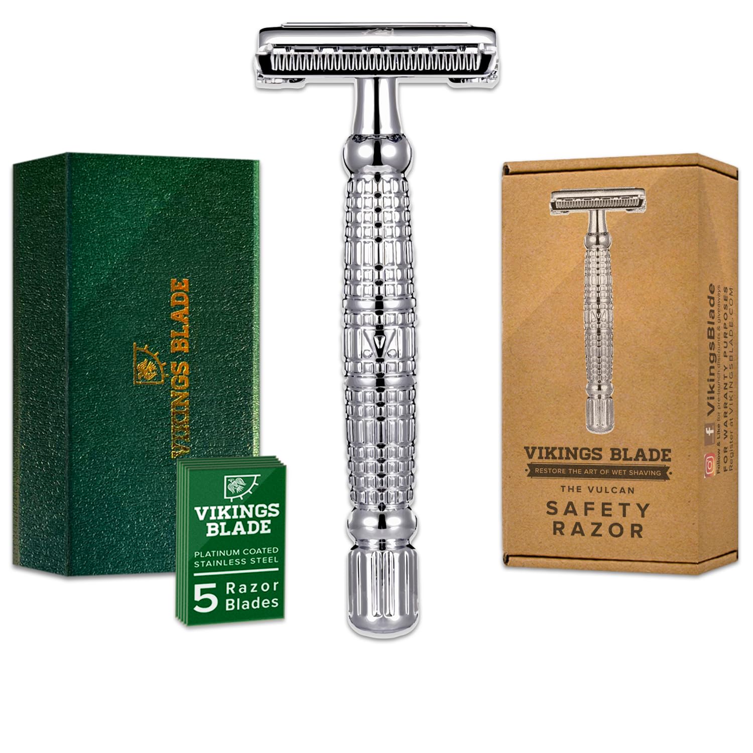 Photo 1 of VIKINGS BLADE Double Edge Safety Razor for Men + 5 Swedish Steel Blades + Luxury Case. Long Handle. Smooth, Reusable, Eco-Friendly (The Vulcan)