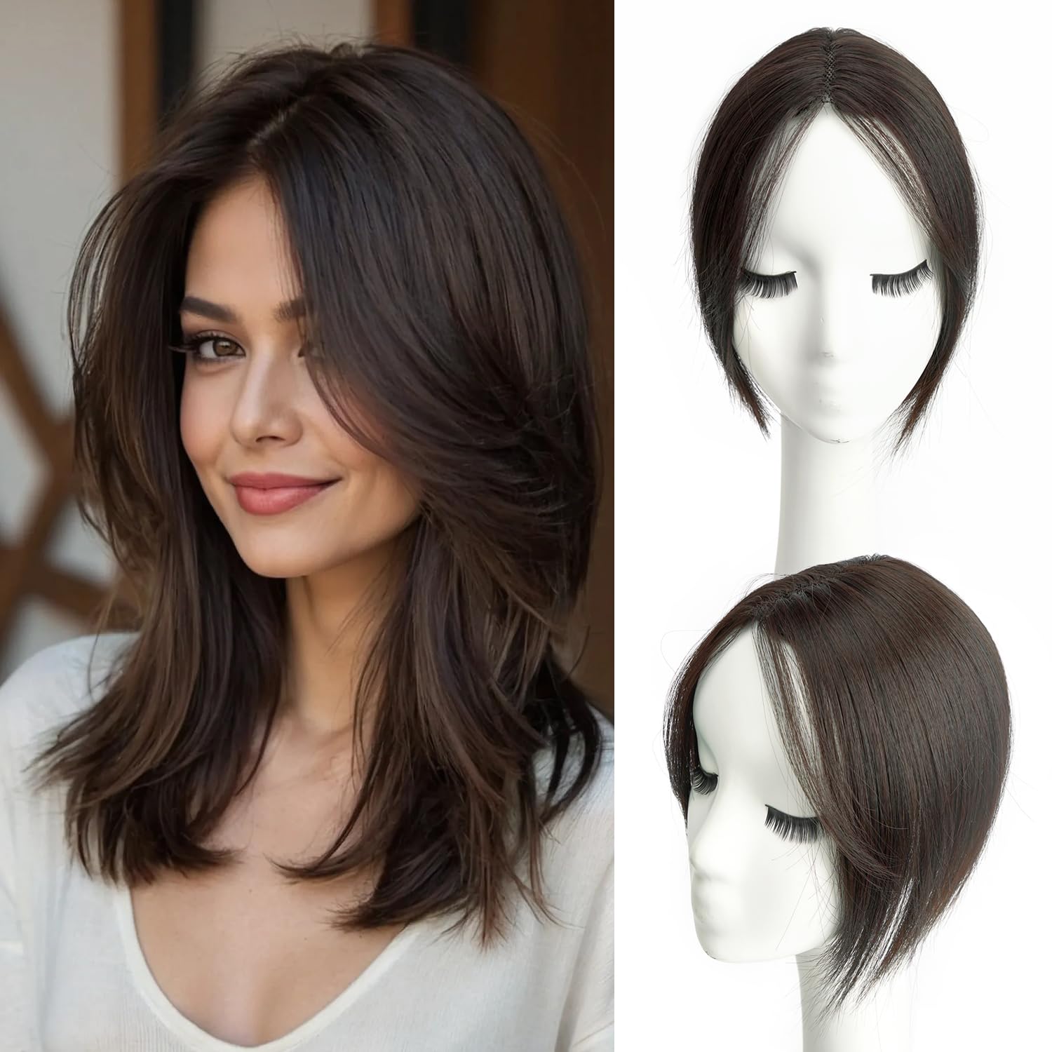 Photo 1 of 10" Clip in Bangs Hand-tied Base, 360° Clip In Hair Topper No Bangs Upgrade Handmade Hair Extensions (Dark Brown)