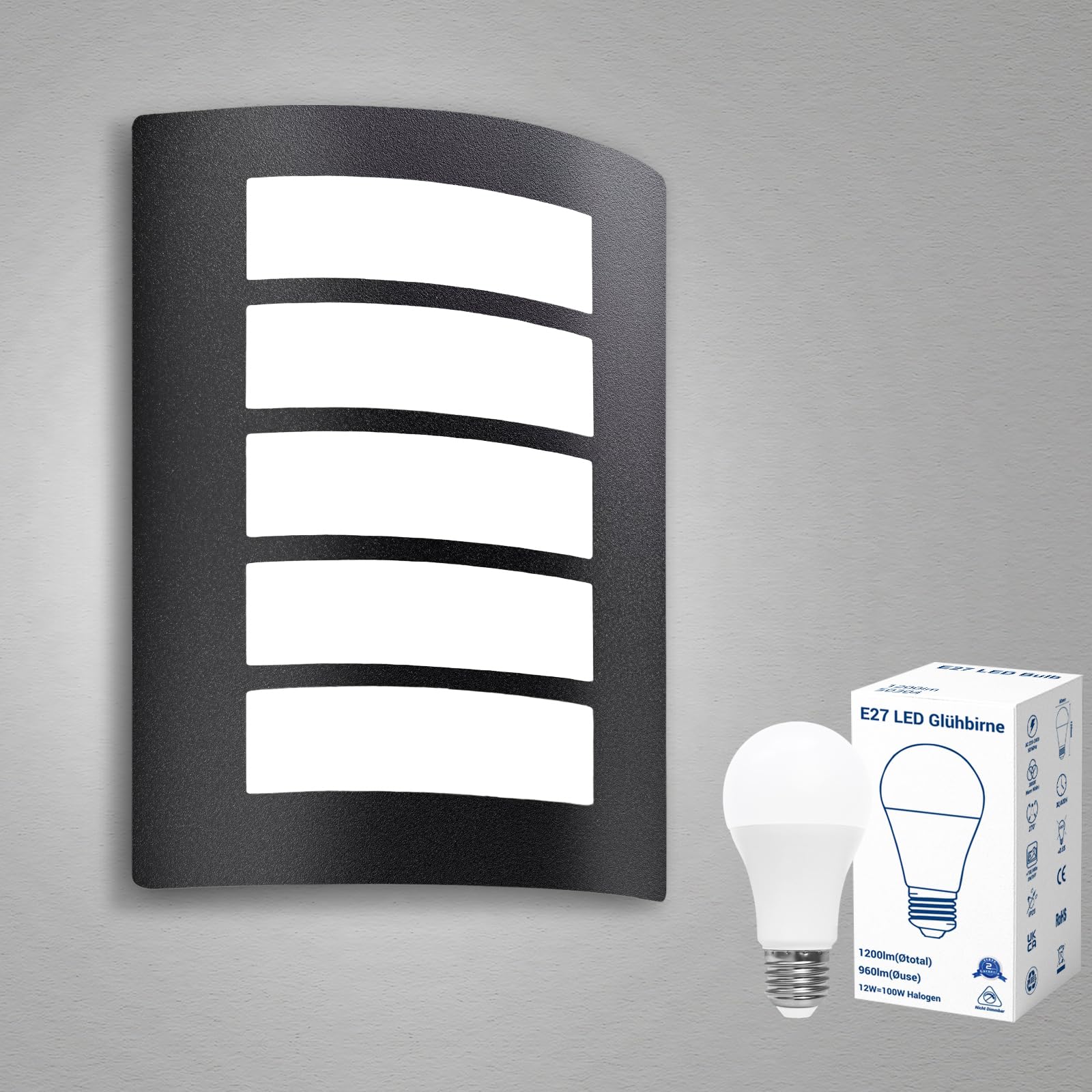 Wondlumi Outdoor Wall Lights Mains Powered Curved Outside Light Black IP44 Waterproof Wall Lamp Incl. 12W E27 Bulbs Cool White 6000K