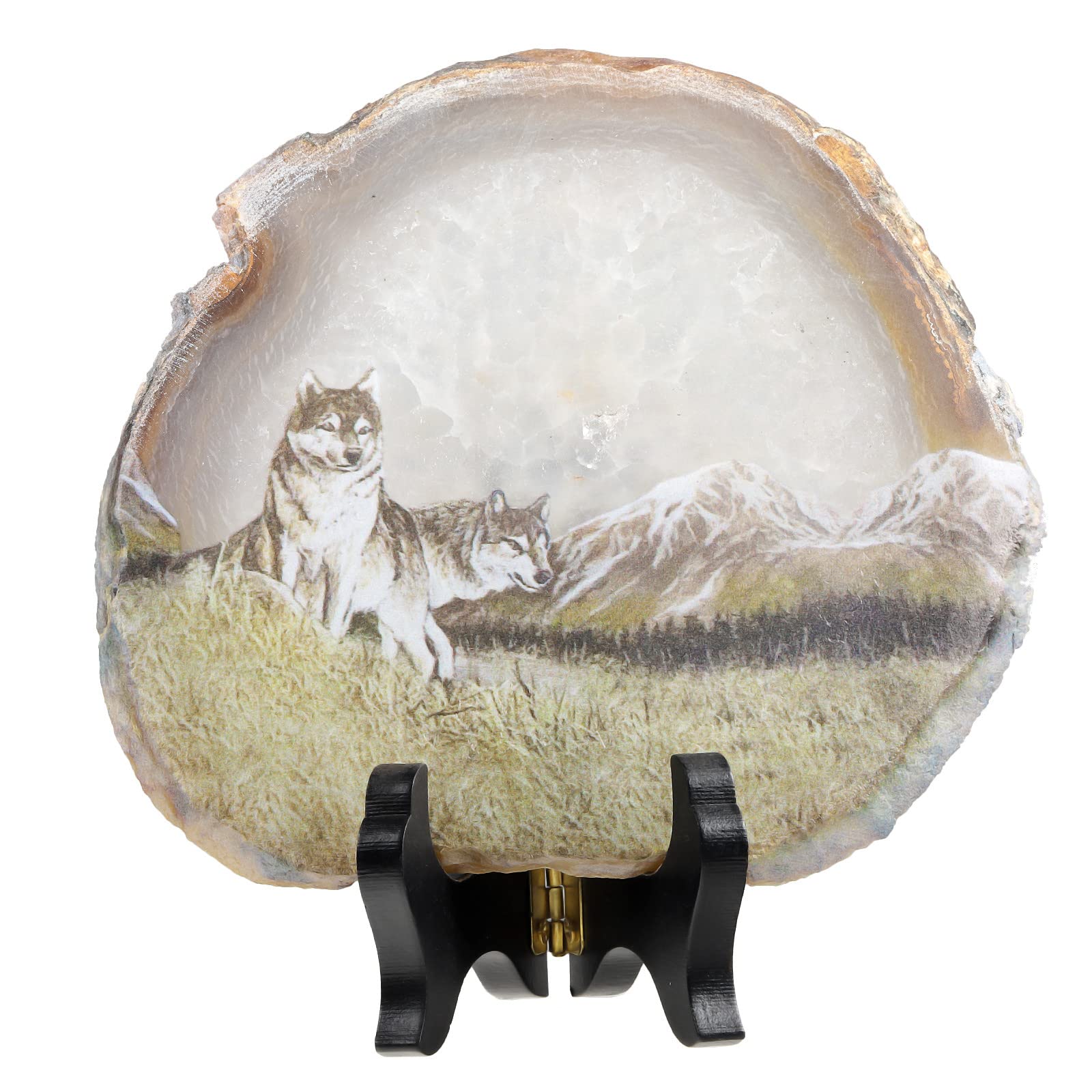 Mookaitedecor Wolf Animal Crystal Art Print Agate Stone Ornament with Wooden Stand, Good Luck Feng Shui Home Decor, Healing Crystal Animal Gift Ornament