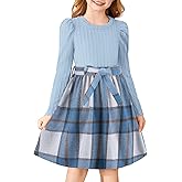 Arshiner Girls Dresses Puff Long Sleeve Rib Knit Plaid Patchwork Belted Holiday Dress with Pockets