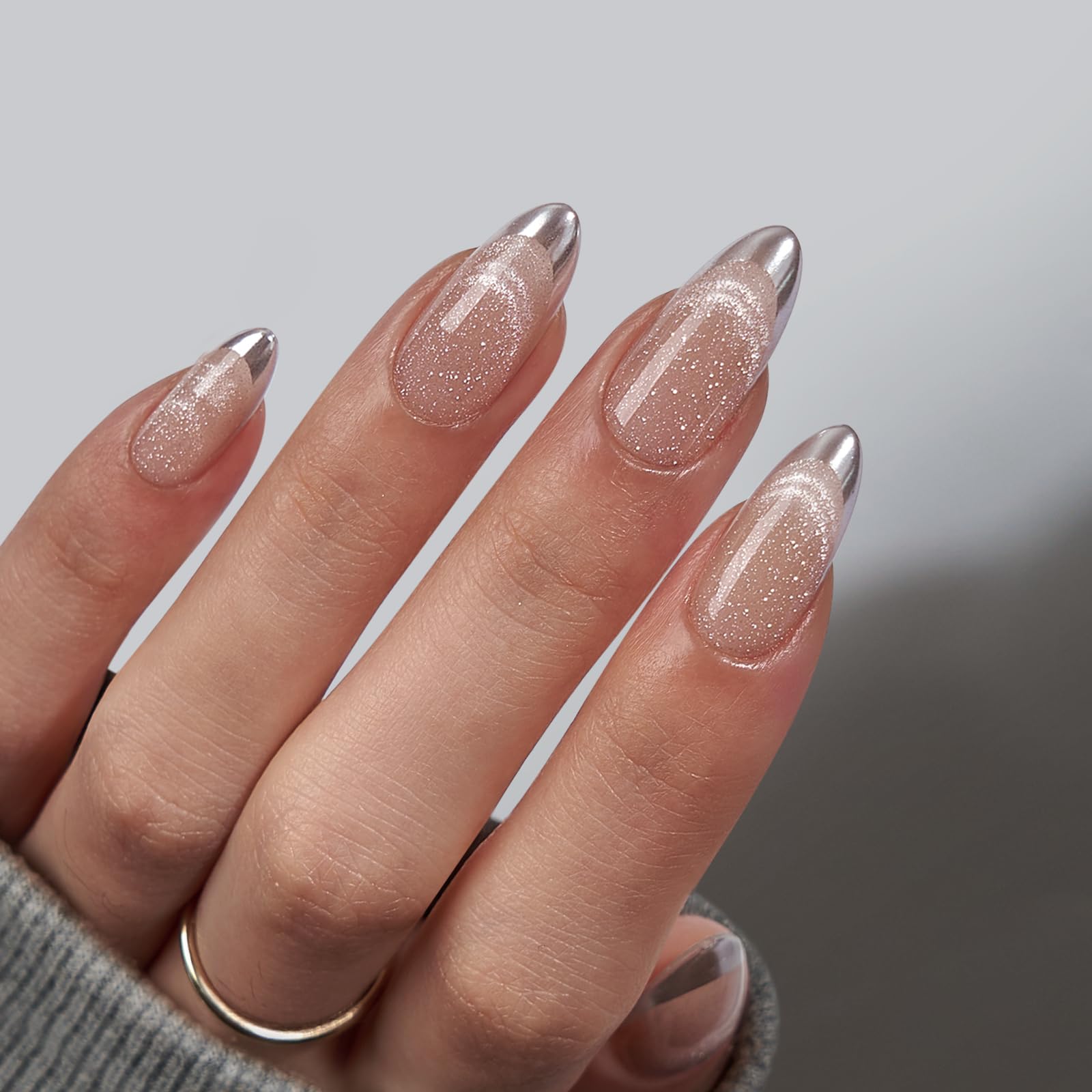 Photo 1 of BTArtbox Almond Press On Nails Medium - Lamp-Curable Metallic French Tip Cat Eye Press On Nails with Glue for Women, Soft Gel Glue On Nails in 15 Sizes - 30 Stick On Nails Kit, Silver Storm
