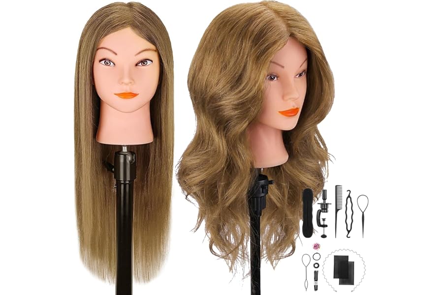 Mannequin Head with 100% Real Hair for Cosmetology, CENOZ 18″ Light Brown Hairdresser Training Head with Clamp Holder and Tool, Doll Head Mannequin Head for Hair Styling Practice
