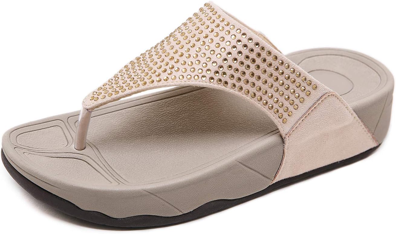 Diamante Sandals Ladies Sandals Women's Platform Wedge Heeled Flip Flop Sandals Rhinestone Beaded Shoes Size 3-7 UK