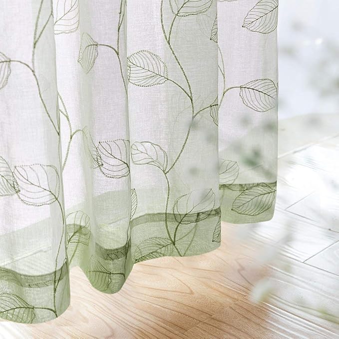 Embroidered Sheer Curtains for Bedroom Rod Pocket Leaf Window Curtains