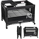 ANGELBLISS Pack and Play, Baby Bassinet Bedside Crib with Changer, Black | One-push setup, mattress, breathable mesh, adjustable height, wheels, and storage basket