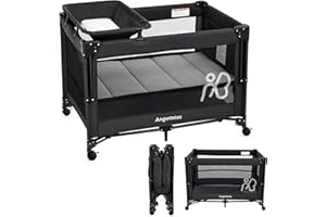 ANGELBLISS Baby Bassinet Bedside Crib, Pack and Play with Mattress, Diaper Changer, One-Push Setup Playards from Infants to Toddlers (Balck)