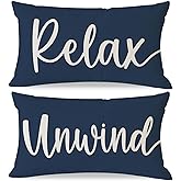 HERHOME Decorative Throw Pillow Covers 12x20 Inch Set of 2 Relax Unwind Navy Blue Outdoor Coastal Spring Summer Front Porch Patio Decor Lumbar Cushion Case Decoration for Home Sofa Couch Living Room