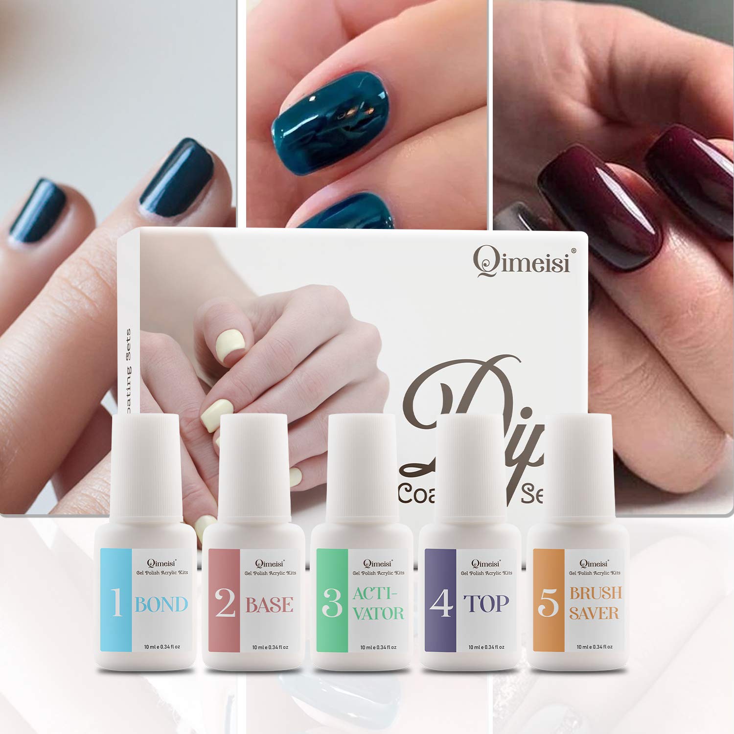 Qimeisi Dipping Powder Nail Coating System, Bond, Base Coat, Activator, Top Coat, and Brush Saver Liquid Set, Without Lamp Cure Natural Dry Nail Art Decoration Manicuring: Beauty