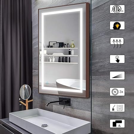 Brushed Bronze 20x28inch Ai Lighting Bathroom Mirror With Lights Large Dimmable Led Makeup Vanity Brushed Metal Mirror With Lights Touch Button Horizontal Vertical Anti Fog