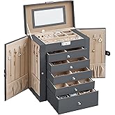 SONGMICS 6-Layer Jewelry Box Organizer with 5 Drawers, Jewelry Storage Case with Lock and Mirror, Large Storage Capacity, Gift for Loved Ones, for Necklaces, Watches, Gray UJBC152G01