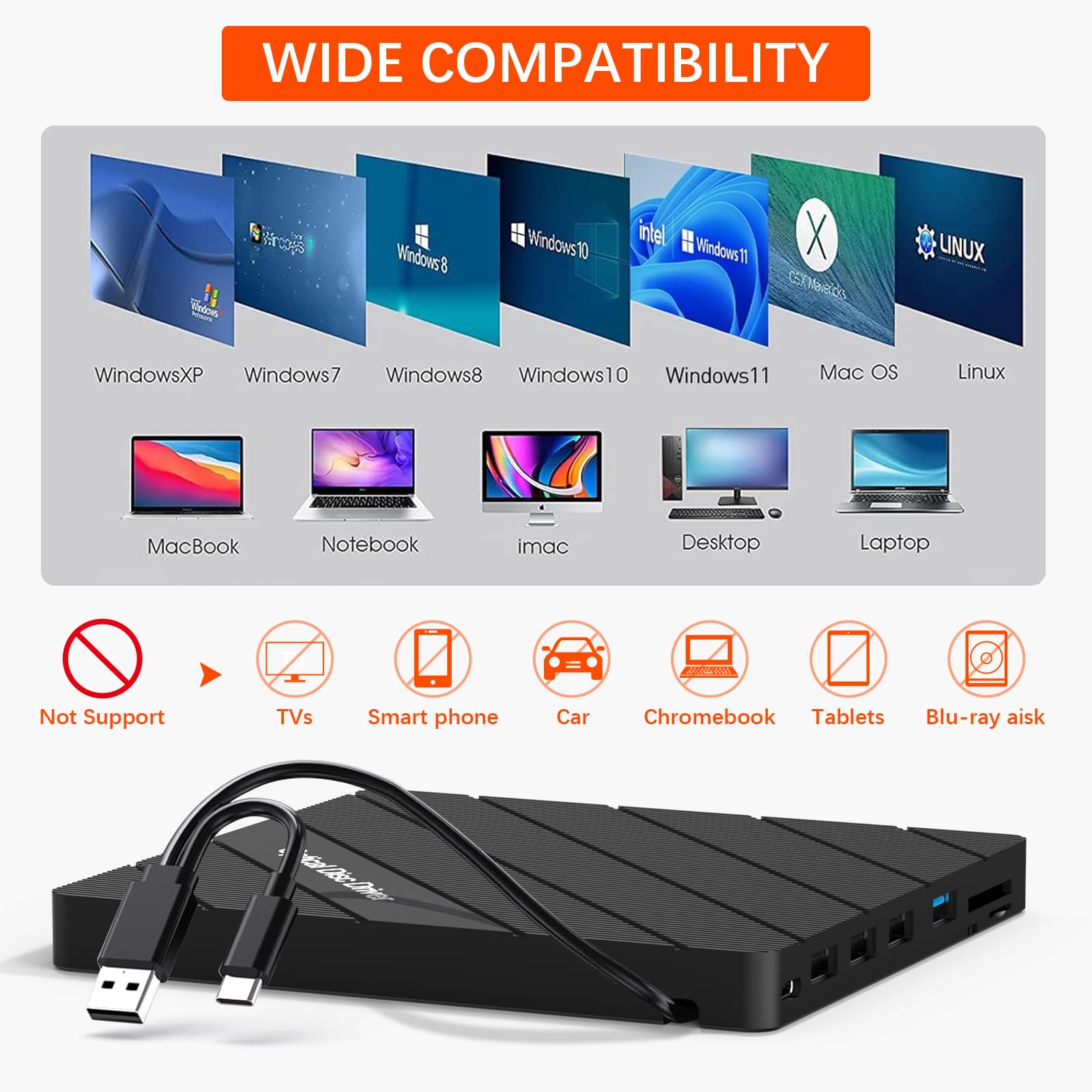 inaepeak 8 IN 1 External CD/DVD Drive for Laptop, USB 3.0 Portable External CD Burner Reader Writer with 4 USB Ports/2 TF SD Card Slots/1 USB Type C Port, Disc Drive for Laptop/PC/Mac/Windows/Linux/OS