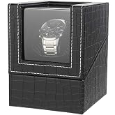 Ausugar Single Watch Winder for Automatic Watches, Super Quiet, in Wood Shell and Black Leather/Carbon Fiber Leather, Japanese Motor