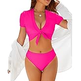 Jolefille Tankini Swimsuits for Women 2 Piece Tummy Control Bathing Suit High Waisted Bikini Sets Short Sleeves Full Coverage