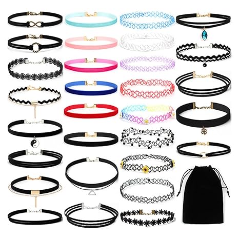 30 Pcs Classic Collier Set Cool Schwarz Samt Spitze Halskette Gothic Tattoo Henna Choker Band Halsband Halsbänder für Frauen 