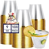 JOLLY CHEF 100 Pack Gold Plastic Cups, 9 oz Clear Plastic Tumblers, Elegant Gold Rimmed Cups, Disposable Glasses for Wedding, Thanksgiving Day, Christmas Party