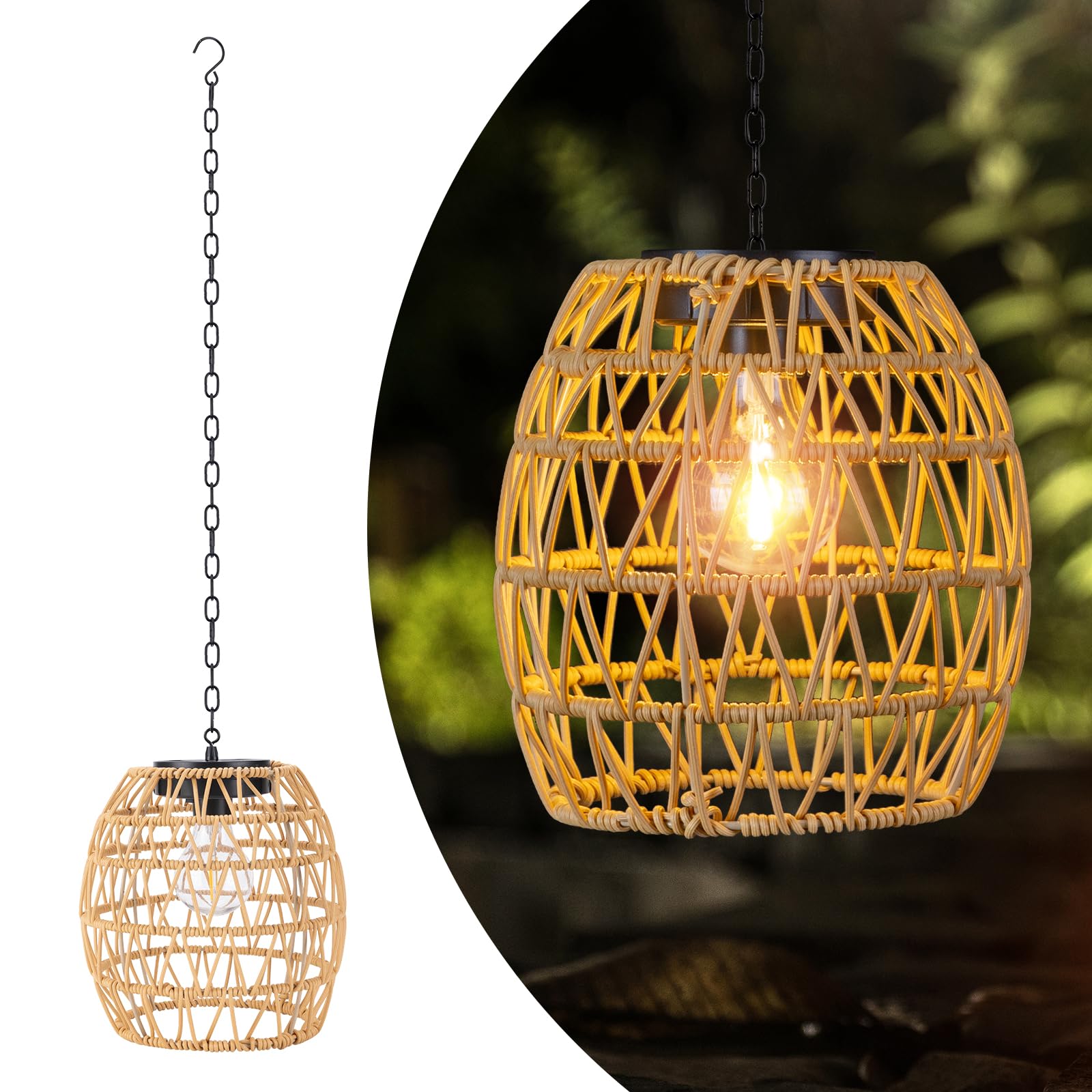 Photo 1 of Larekook Outdoor Solar Hanging Lantern, Natural Rattan Bamboo Woven Porch Patio Gazebo Pendent Chandelier Light Decorative Solar Powered Hanging Lamp for Front Door Garden