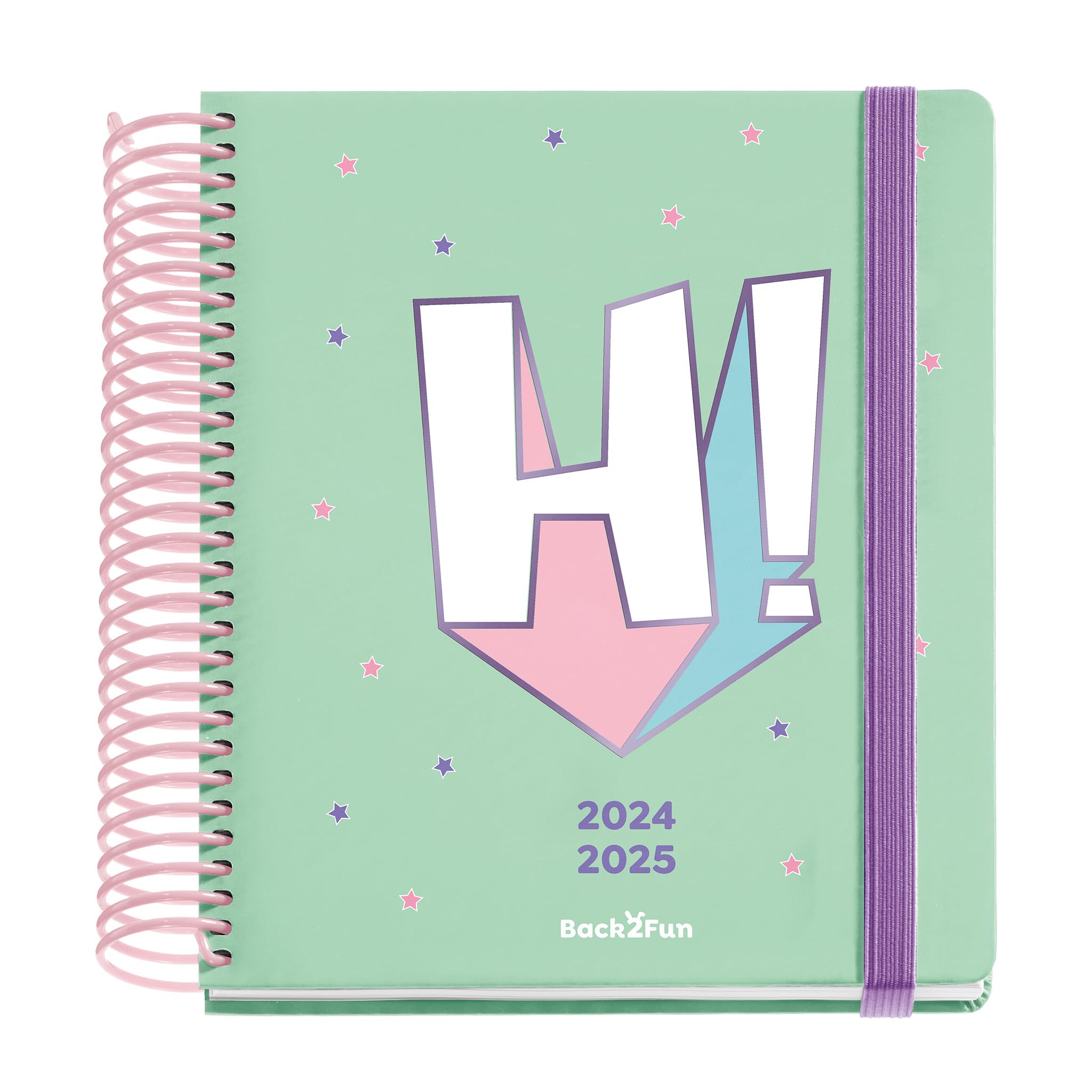 Miquelrius - School Diary 24-25, September 2024 to June 2025, Size 155 x 180 mm, Day Page, Pink Plastic Spiral, Lined Cardboard Cover, Rubber Closure, Spanish-English-Portugese, Back2Fun HI