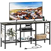 Furologee TV Stand with Power Outlets, Entertainment Center with Open Storage Shelves for TVs up to 55 Inch, Media Console Table with Soundbar Shelf for Living Room, Bedroom, Black Oak