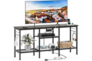 Furologee TV Stand with Power Outlets, Entertainment Center with Open Storage Shelves for TVs up to 55 Inch, Media Console Table with Soundbar Shelf for Living Room, Bedroom, Black Oak
