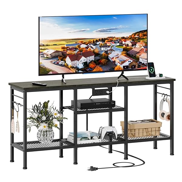 FUROLOGEE TV STAND WITH POWER OUTLETS, ENTERTAINMENT CENTER...