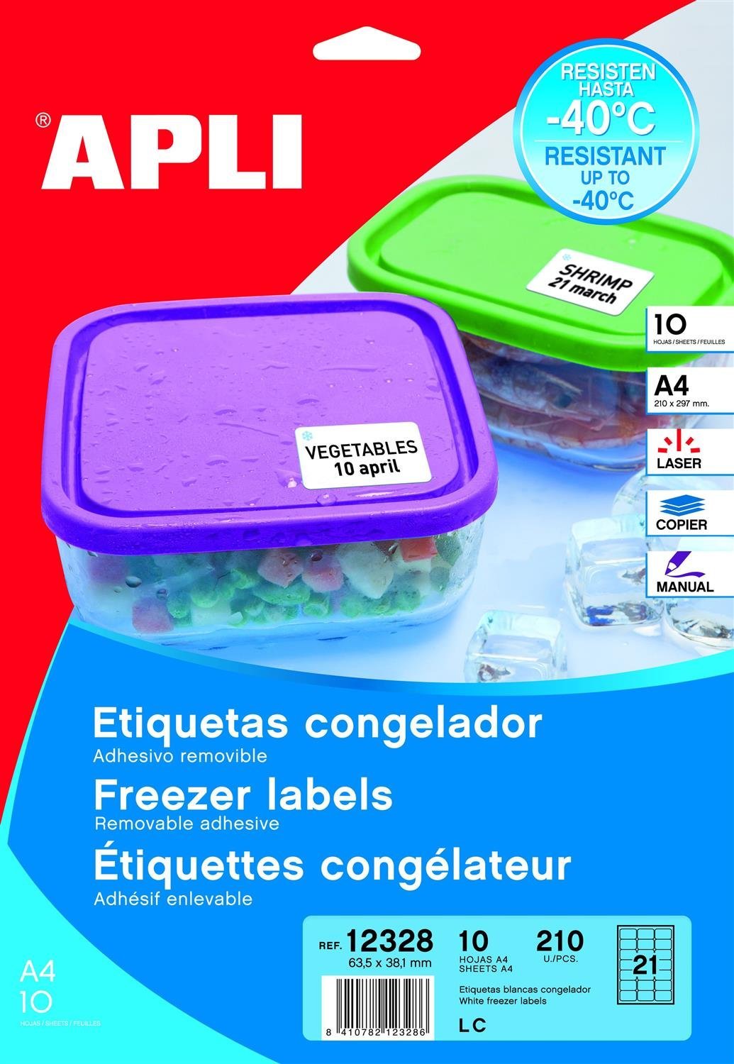 APLI 12328 - White Adhesive Labels, Size 63.5 x 38.1 mm Special for Frozen in Box with 10 Sheets