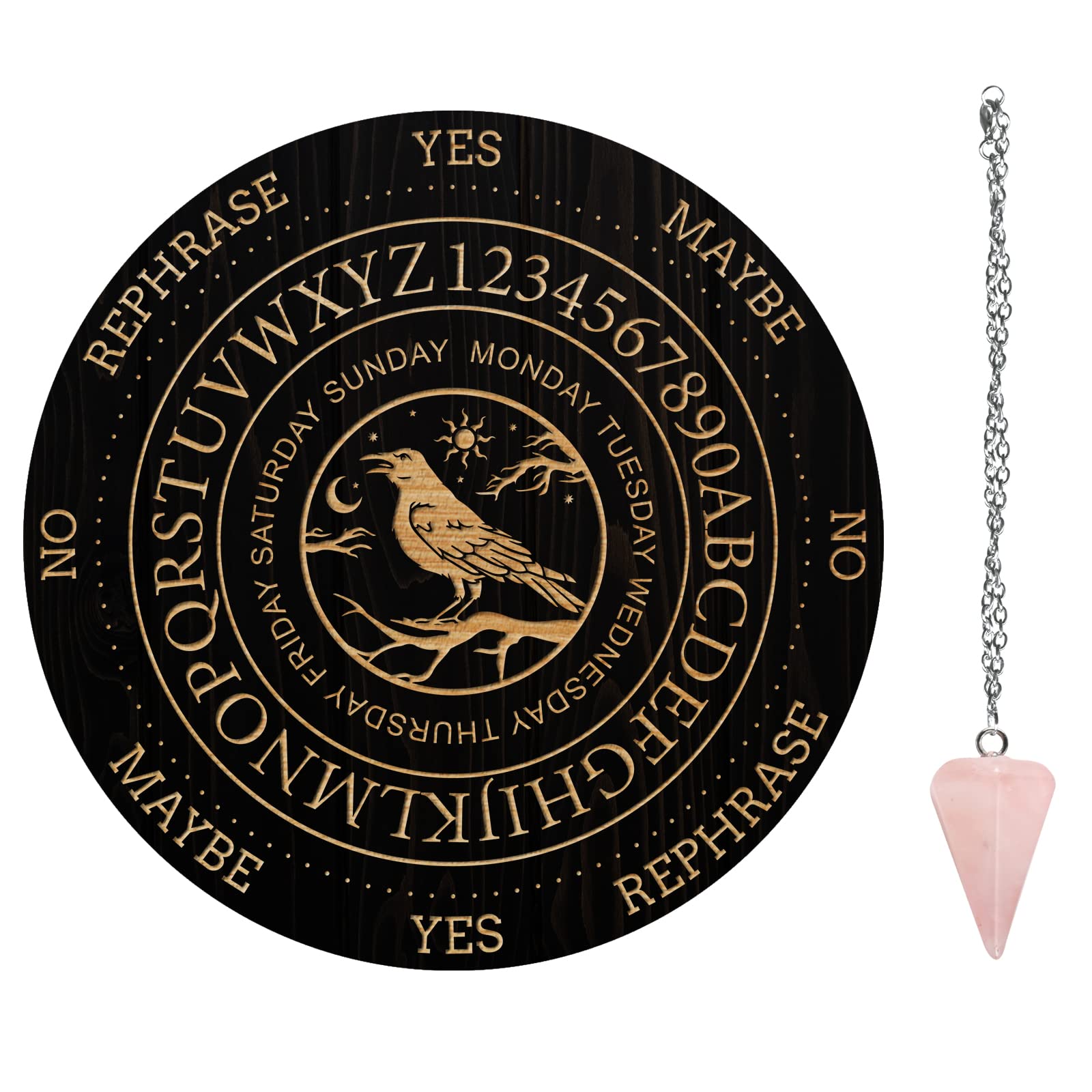 AHANDMAKER Night Crow Pendulum Board, Dowsing Divination Metaphysical Message Board Wooden Carven Board with Crystal Pendulum Necklace Divination for Witchcraft Wiccan Altar Supplies Kit, 7.8inch