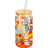 Fenmshairy Alpaca Llama Drinking Glass Cup 16 Oz with Bamboo Lid and Straws, Iced Coffee Beer Cocktail Glass Tumbler, Holiday Christmas Birthday Gift for Dad Mom Sister Friends Bestie